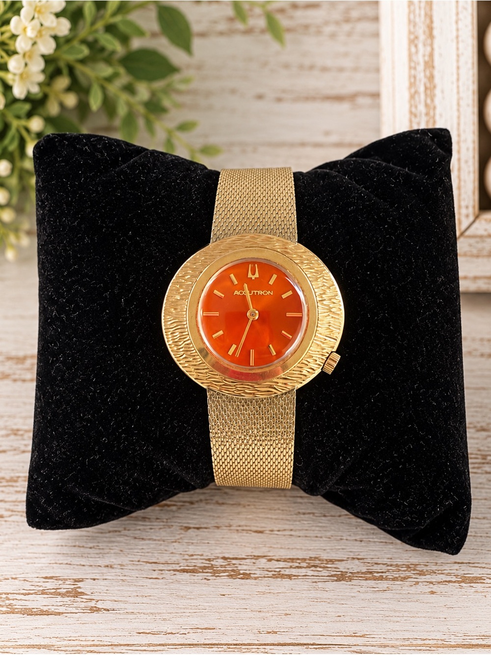 Vintage Bulova Accutron Gold Filled Orange Dial Mesh Band Watch